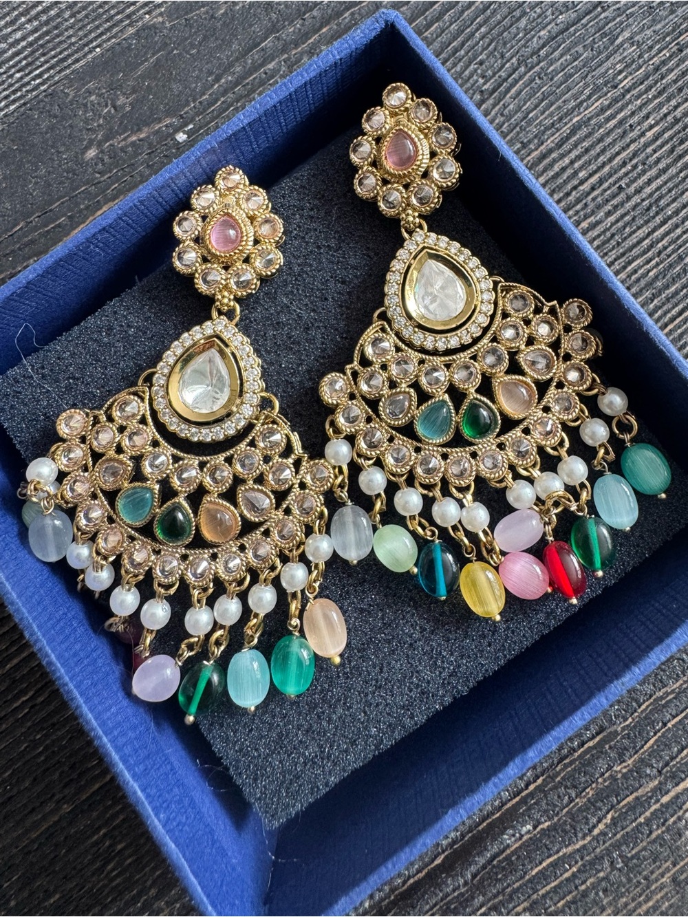 Multi-Color Beaded Gold Chandbali Earrings
